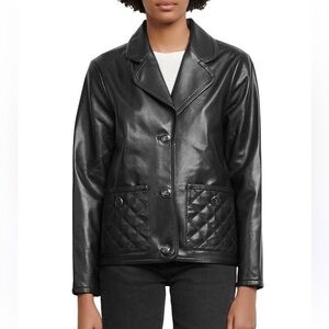 Sandro Black Leather Quilted-Pocket Jacket